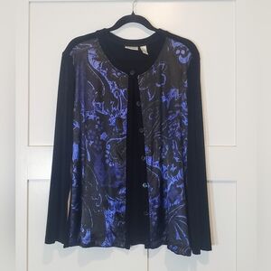 Chico's Travelers Cardigan Satin Front Button Down Size XL/3 Black Blue Gold